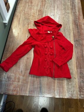 Anthropologie Vintage Yellow Bird Red Wool Hooded Zipper Cardigan